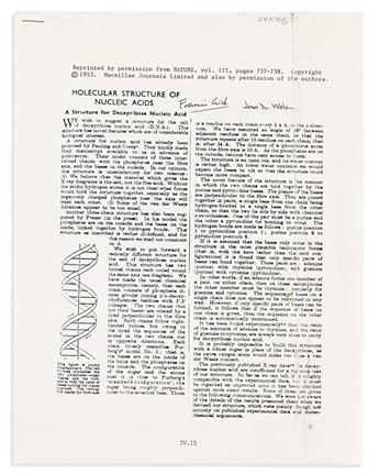 (SCIENTISTS.) WATSON, JAMES D.; AND FRANCIS CRICK. Photocopy of the opening and closing paragraphs of their article "Molecular Structur